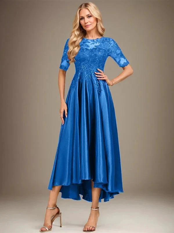 A-line Scoop Illusion Asymmetrical Stretch Satin Lace Mother of the Bride Dress With Sequins - Image 10