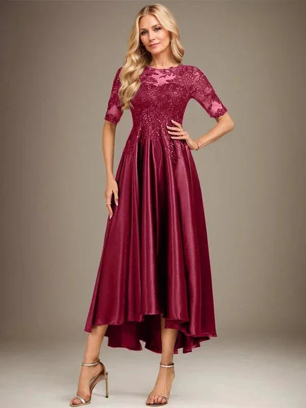 A-line Scoop Illusion Asymmetrical Stretch Satin Lace Mother of the Bride Dress With Sequins - Image 11
