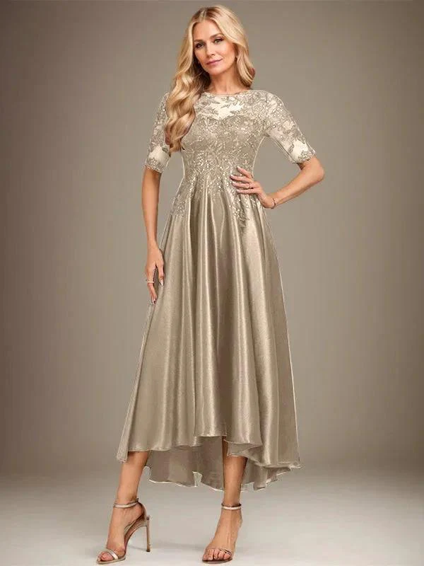 A-line Scoop Illusion Asymmetrical Stretch Satin Lace Mother of the Bride Dress With Sequins - Image 12