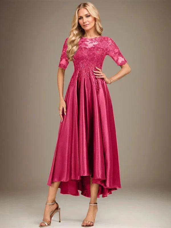 A-line Scoop Illusion Asymmetrical Stretch Satin Lace Mother of the Bride Dress With Sequins - Image 13