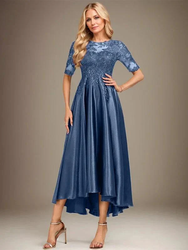 A-line Scoop Illusion Asymmetrical Stretch Satin Lace Mother of the Bride Dress With Sequins - Image 14
