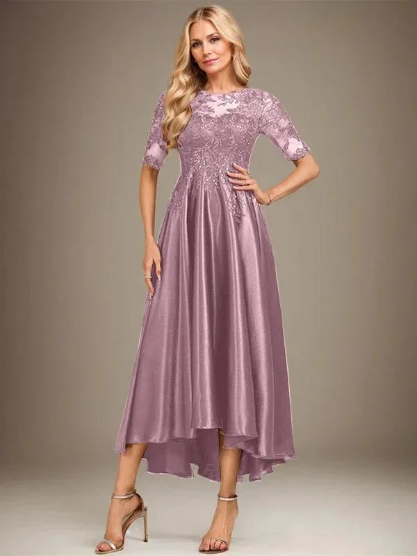 A-line Scoop Illusion Asymmetrical Stretch Satin Lace Mother of the Bride Dress With Sequins - Image 15
