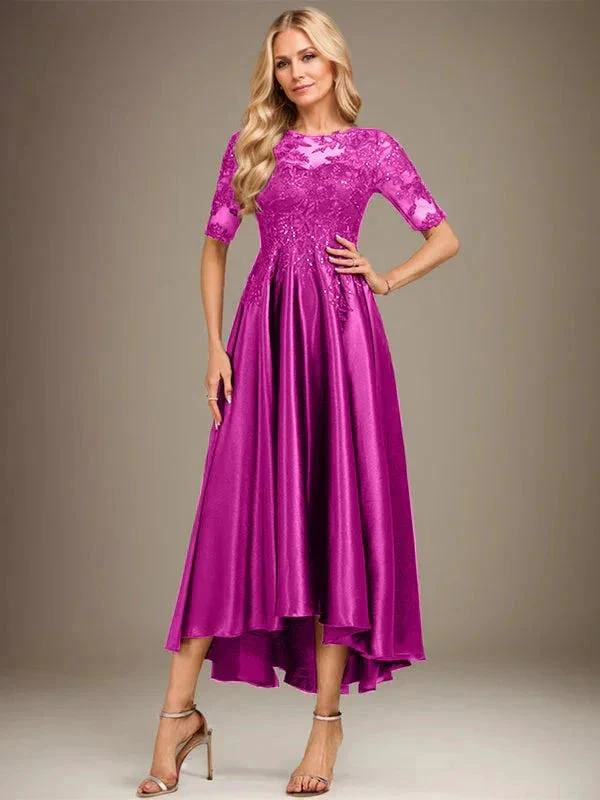 A-line Scoop Illusion Asymmetrical Stretch Satin Lace Mother of the Bride Dress With Sequins - Image 16