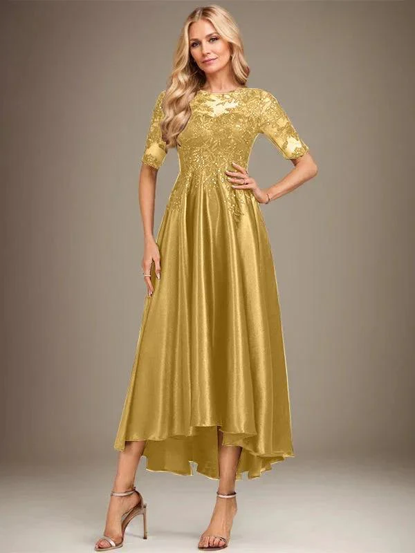 A-line Scoop Illusion Asymmetrical Stretch Satin Lace Mother of the Bride Dress With Sequins - Image 17