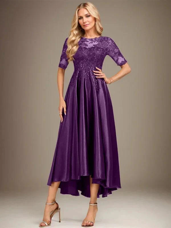 A-line Scoop Illusion Asymmetrical Stretch Satin Lace Mother of the Bride Dress With Sequins - Image 18