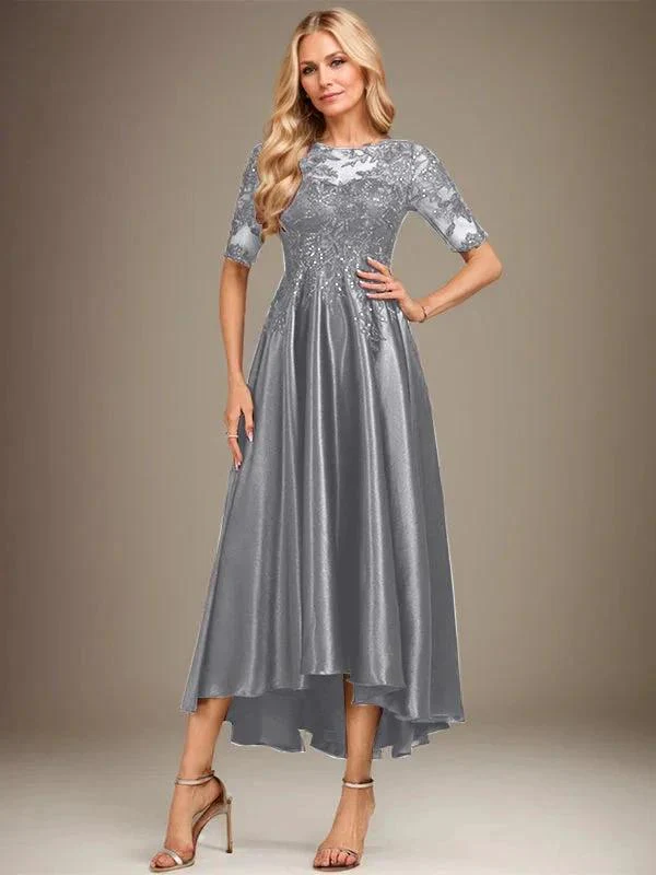 A-line Scoop Illusion Asymmetrical Stretch Satin Lace Mother of the Bride Dress With Sequins - Image 19