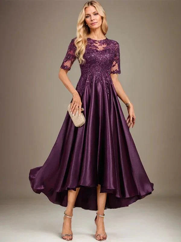 A-line Scoop Illusion Asymmetrical Stretch Satin Lace Mother of the Bride Dress With Sequins - Image 2