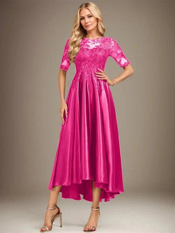 A-line Scoop Illusion Asymmetrical Stretch Satin Lace Mother of the Bride Dress With Sequins - Image 20