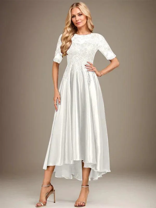 A-line Scoop Illusion Asymmetrical Stretch Satin Lace Mother of the Bride Dress With Sequins - Image 21