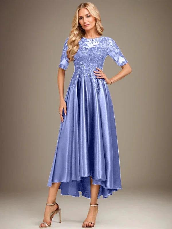 A-line Scoop Illusion Asymmetrical Stretch Satin Lace Mother of the Bride Dress With Sequins - Image 22