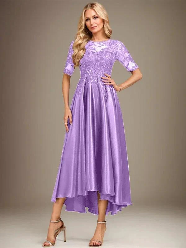 A-line Scoop Illusion Asymmetrical Stretch Satin Lace Mother of the Bride Dress With Sequins - Image 23