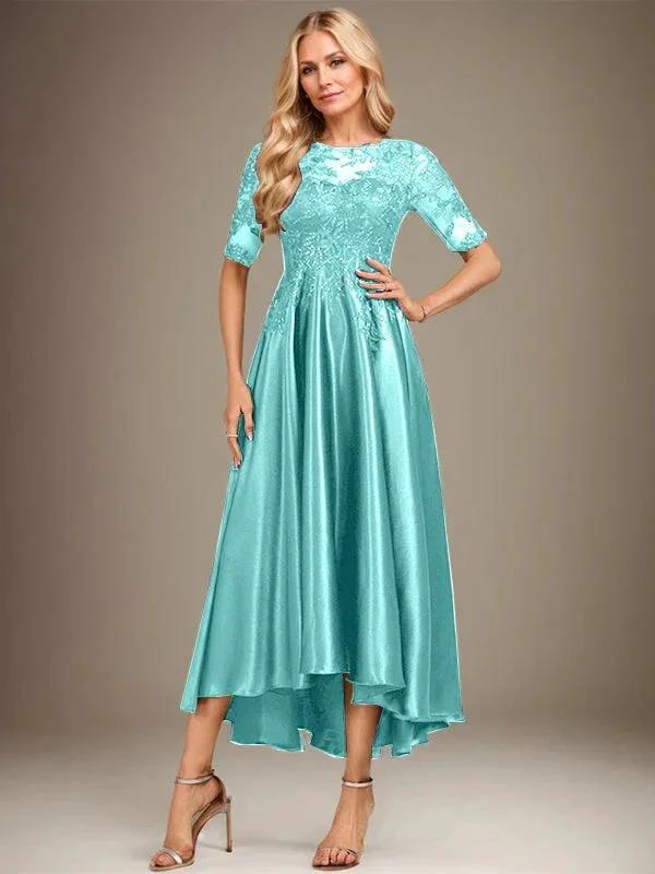 A-line Scoop Illusion Asymmetrical Stretch Satin Lace Mother of the Bride Dress With Sequins - Image 24