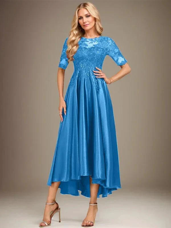 A-line Scoop Illusion Asymmetrical Stretch Satin Lace Mother of the Bride Dress With Sequins - Image 26