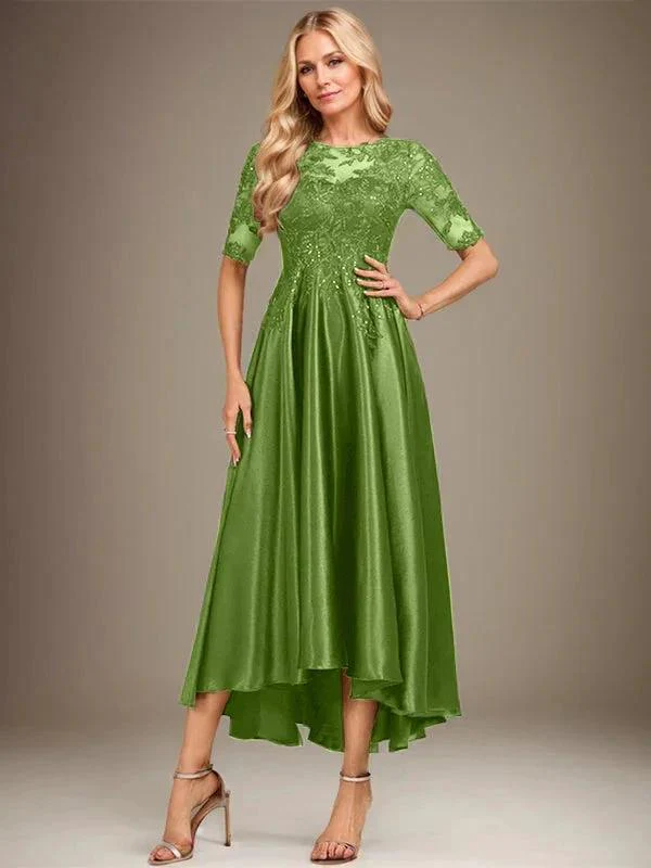 A-line Scoop Illusion Asymmetrical Stretch Satin Lace Mother of the Bride Dress With Sequins - Image 27