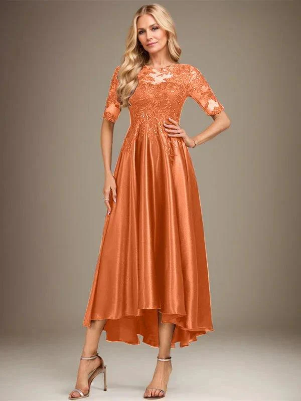 A-line Scoop Illusion Asymmetrical Stretch Satin Lace Mother of the Bride Dress With Sequins - Image 28
