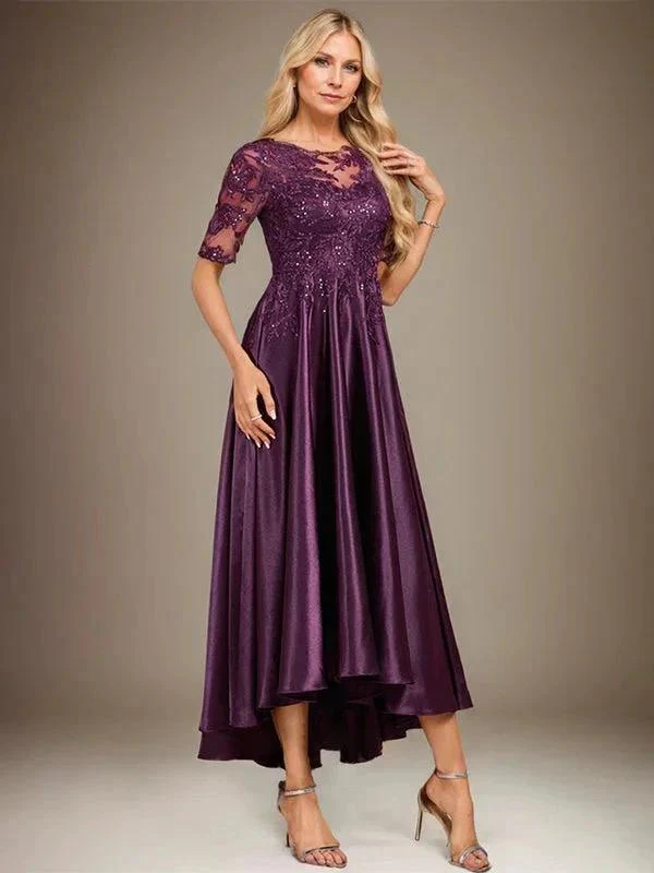 A-line Scoop Illusion Asymmetrical Stretch Satin Lace Mother of the Bride Dress With Sequins - Image 3