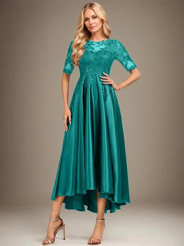 A-line Scoop Illusion Asymmetrical Stretch Satin Lace Mother of the Bride Dress With Sequins - Image 30