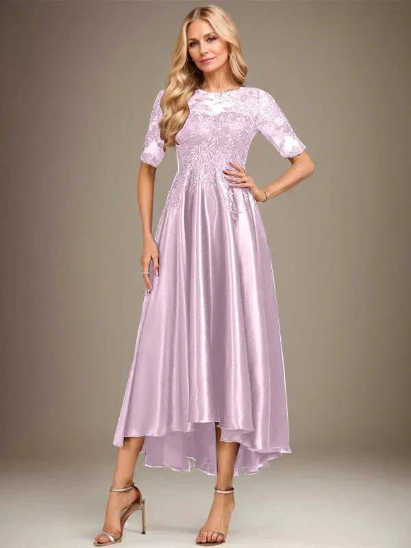 A-line Scoop Illusion Asymmetrical Stretch Satin Lace Mother of the Bride Dress With Sequins - Image 31