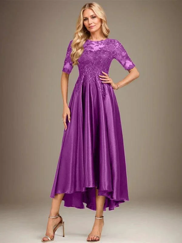 A-line Scoop Illusion Asymmetrical Stretch Satin Lace Mother of the Bride Dress With Sequins - Image 32