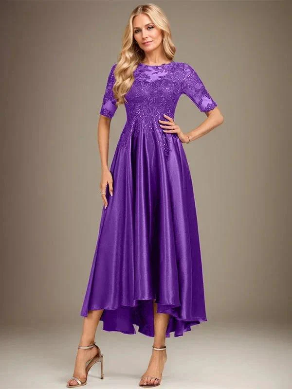 A-line Scoop Illusion Asymmetrical Stretch Satin Lace Mother of the Bride Dress With Sequins - Image 33