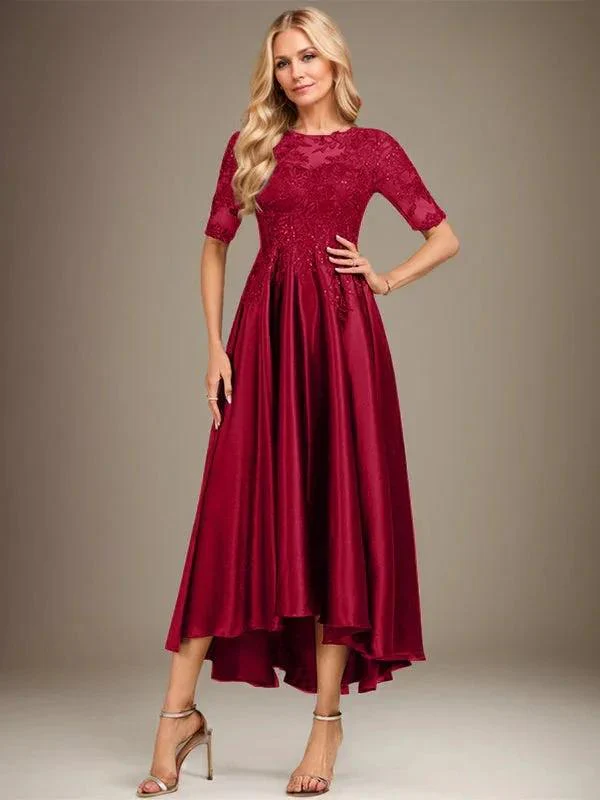 A-line Scoop Illusion Asymmetrical Stretch Satin Lace Mother of the Bride Dress With Sequins - Image 34