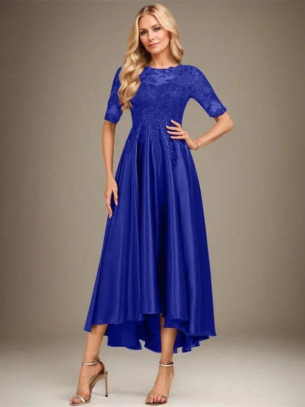 A-line Scoop Illusion Asymmetrical Stretch Satin Lace Mother of the Bride Dress With Sequins - Image 35