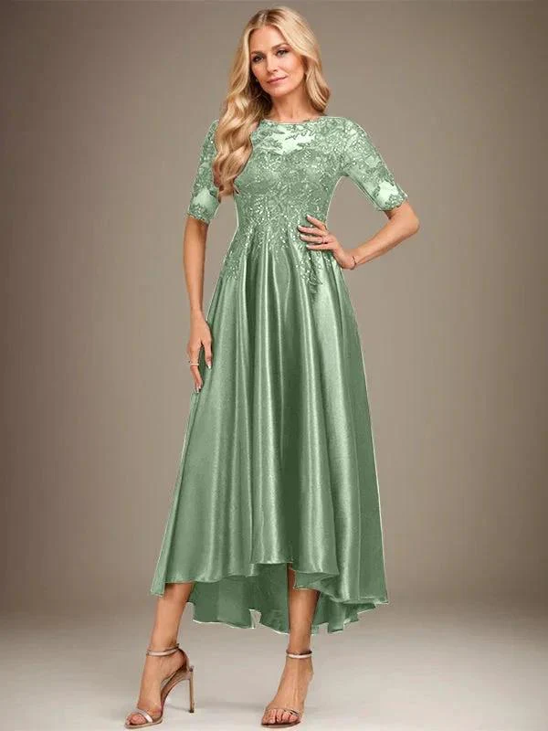 A-line Scoop Illusion Asymmetrical Stretch Satin Lace Mother of the Bride Dress With Sequins - Image 36