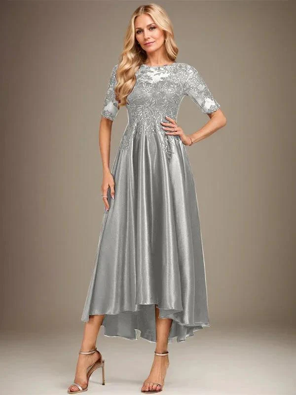 A-line Scoop Illusion Asymmetrical Stretch Satin Lace Mother of the Bride Dress With Sequins - Image 37