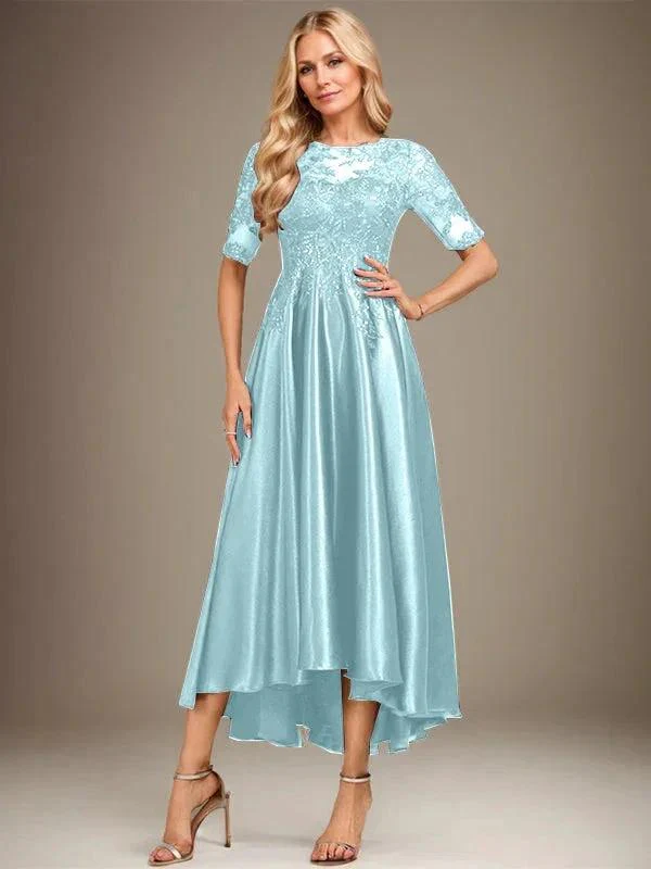 A-line Scoop Illusion Asymmetrical Stretch Satin Lace Mother of the Bride Dress With Sequins - Image 38