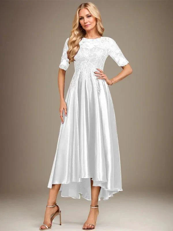 A-line Scoop Illusion Asymmetrical Stretch Satin Lace Mother of the Bride Dress With Sequins - Image 39