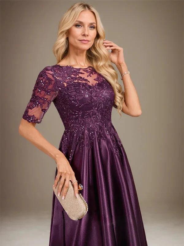 A-line Scoop Illusion Asymmetrical Stretch Satin Lace Mother of the Bride Dress With Sequins - Image 4