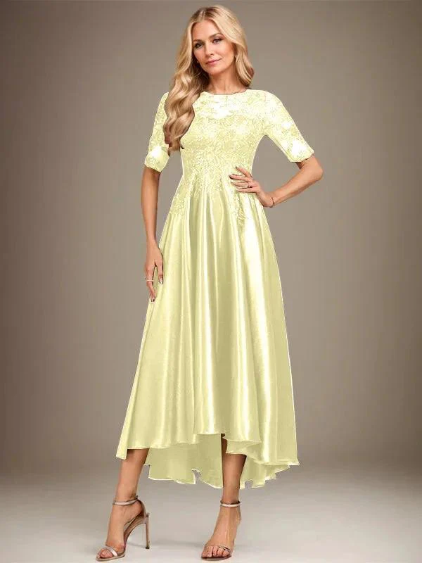 A-line Scoop Illusion Asymmetrical Stretch Satin Lace Mother of the Bride Dress With Sequins - Image 40