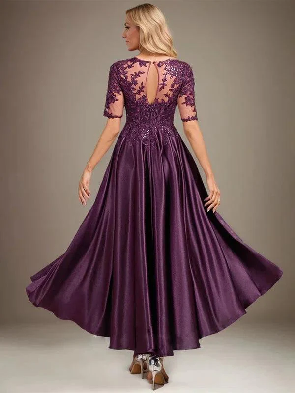 A-line Scoop Illusion Asymmetrical Stretch Satin Lace Mother of the Bride Dress With Sequins - Image 5