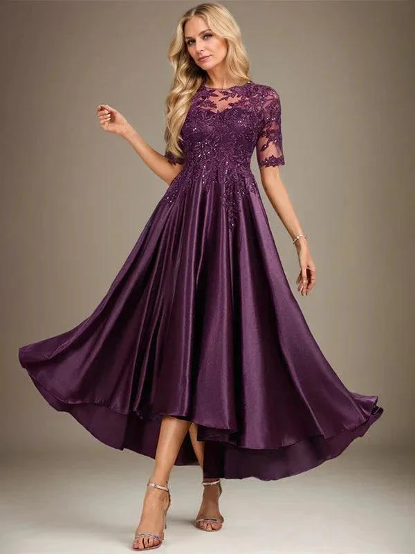 A-line Scoop Illusion Asymmetrical Stretch Satin Lace Mother of the Bride Dress With Sequins - Image 6