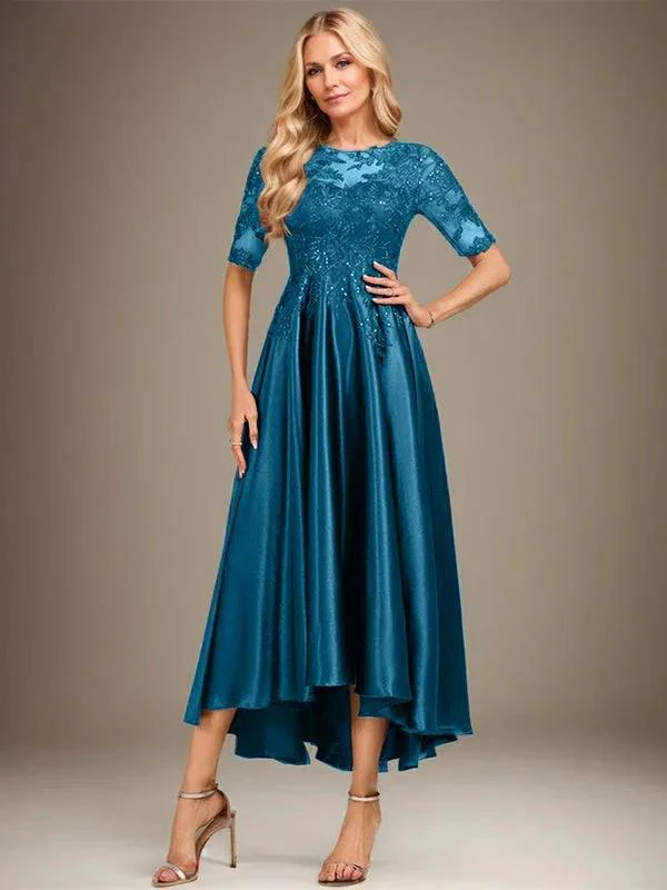 A-line Scoop Illusion Asymmetrical Stretch Satin Lace Mother of the Bride Dress With Sequins - Image 7