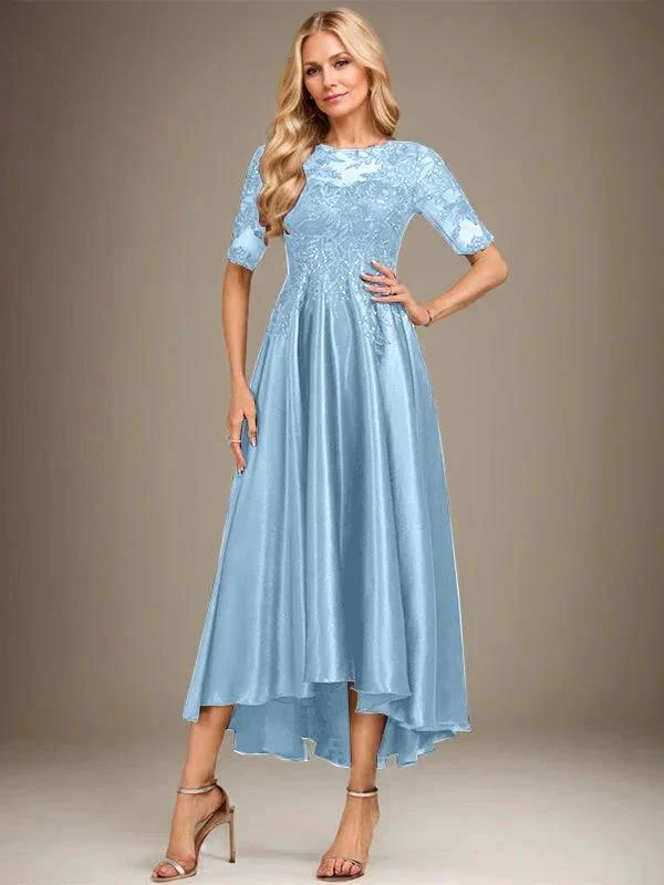 A-line Scoop Illusion Asymmetrical Stretch Satin Lace Mother of the Bride Dress With Sequins - Image 8