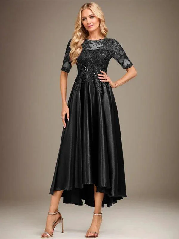 A-line Scoop Illusion Asymmetrical Stretch Satin Lace Mother of the Bride Dress With Sequins - Image 9