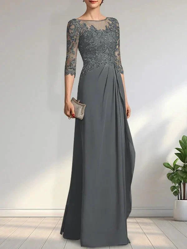 A-line Scoop Illusion Floor-Length Chiffon Lace Mother of the Bride Dress With Beading Sequins Cascading Ruffles - Image 11