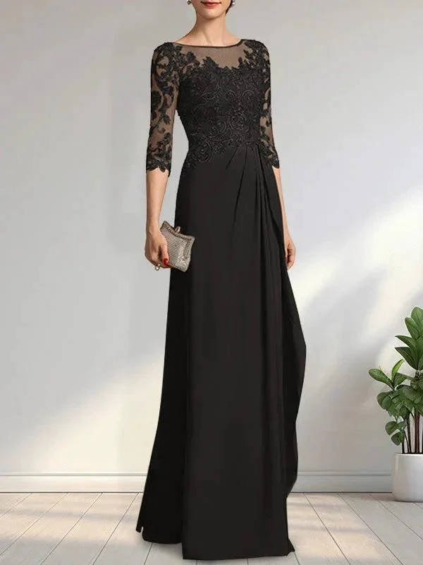 A-line Scoop Illusion Floor-Length Chiffon Lace Mother of the Bride Dress With Beading Sequins Cascading Ruffles - Image 12