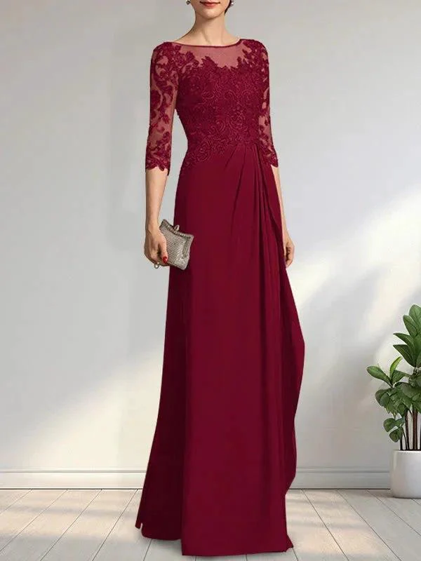 A-line Scoop Illusion Floor-Length Chiffon Lace Mother of the Bride Dress With Beading Sequins Cascading Ruffles - Image 16