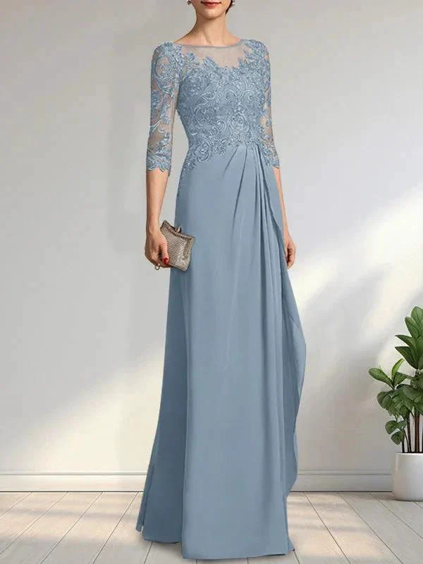 A-line Scoop Illusion Floor-Length Chiffon Lace Mother of the Bride Dress With Beading Sequins Cascading Ruffles - Image 17