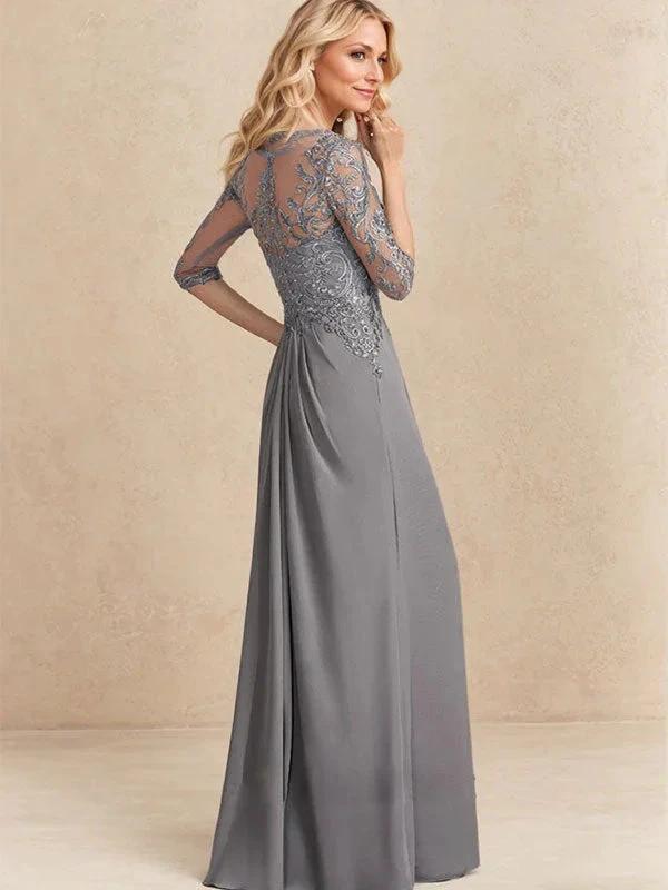 A-line Scoop Illusion Floor-Length Chiffon Lace Mother of the Bride Dress With Beading Sequins Cascading Ruffles - Image 2