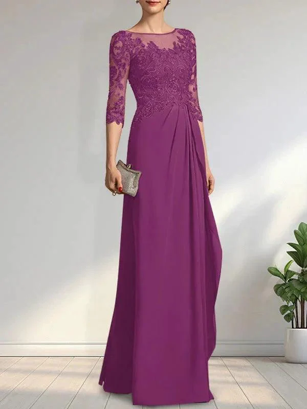 A-line Scoop Illusion Floor-Length Chiffon Lace Mother of the Bride Dress With Beading Sequins Cascading Ruffles - Image 20