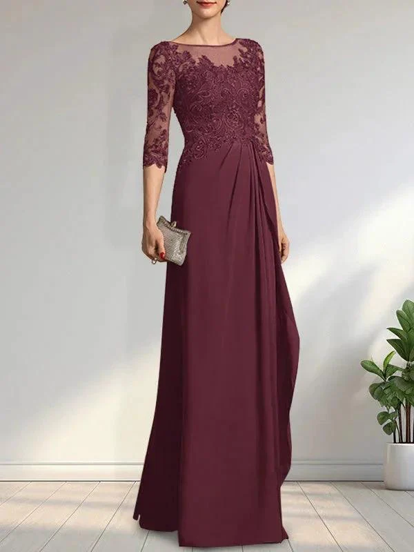 A-line Scoop Illusion Floor-Length Chiffon Lace Mother of the Bride Dress With Beading Sequins Cascading Ruffles - Image 25