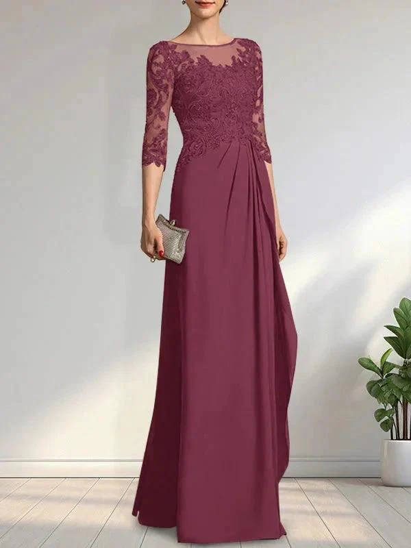 A-line Scoop Illusion Floor-Length Chiffon Lace Mother of the Bride Dress With Beading Sequins Cascading Ruffles - Image 26