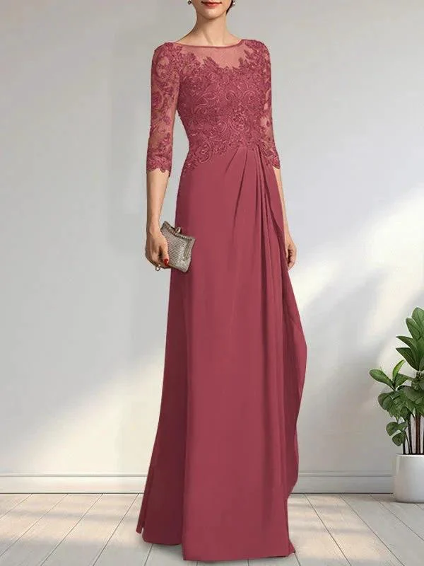 A-line Scoop Illusion Floor-Length Chiffon Lace Mother of the Bride Dress With Beading Sequins Cascading Ruffles - Image 27