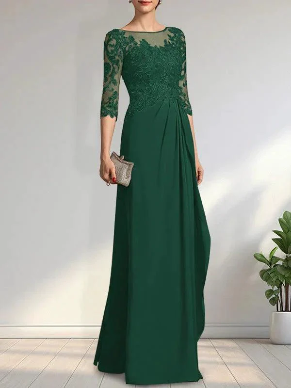 A-line Scoop Illusion Floor-Length Chiffon Lace Mother of the Bride Dress With Beading Sequins Cascading Ruffles - Image 28