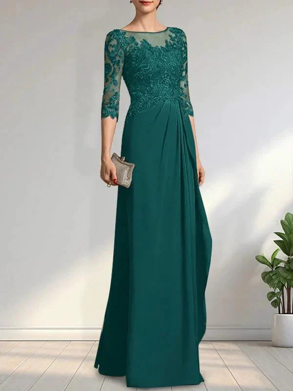 A-line Scoop Illusion Floor-Length Chiffon Lace Mother of the Bride Dress With Beading Sequins Cascading Ruffles - Image 29