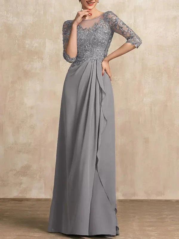 A-line Scoop Illusion Floor-Length Chiffon Lace Mother of the Bride Dress With Beading Sequins Cascading Ruffles - Image 3