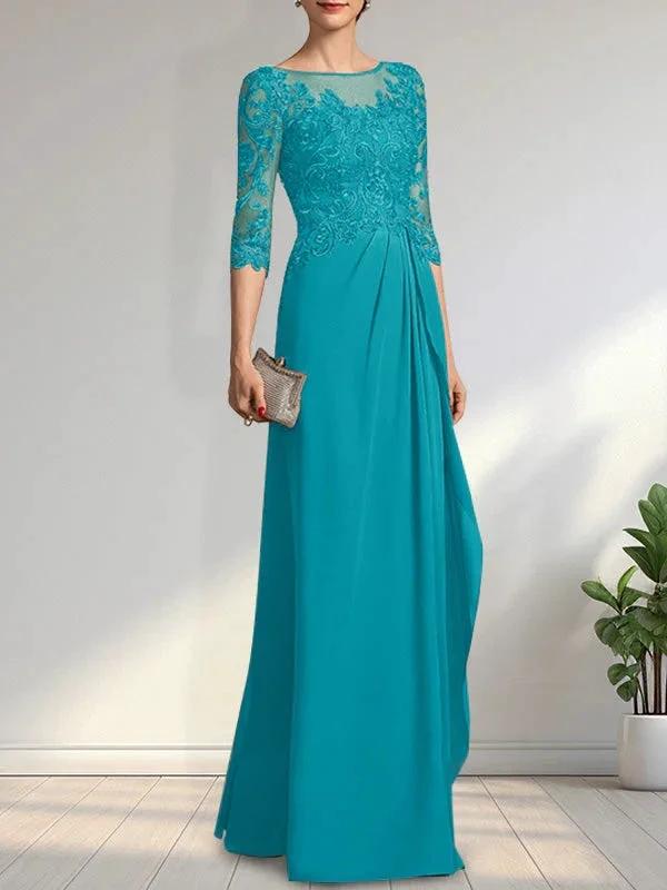 A-line Scoop Illusion Floor-Length Chiffon Lace Mother of the Bride Dress With Beading Sequins Cascading Ruffles - Image 30